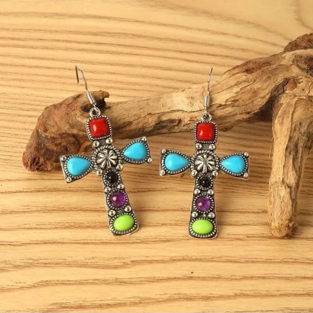 Gorgeous Boho Cross dangle earrings Stunning Stone Embellishments - Picture 5 of 5